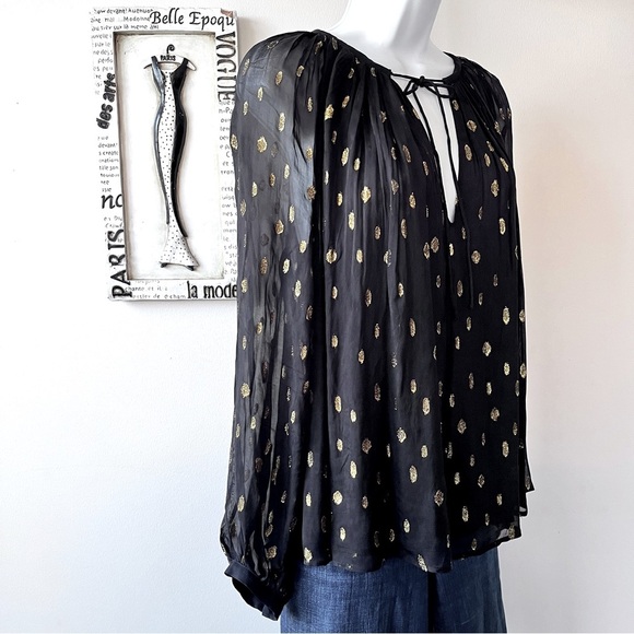 FRAME Black Sheer Gold Metallic Tie Neck Long Sleeve Blouse Women’s Top Size M - Picture 7 of 11